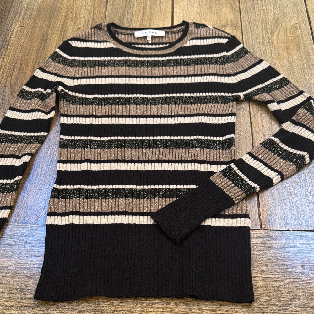 Frame Black, Tan, and Brown Striped Knot Top